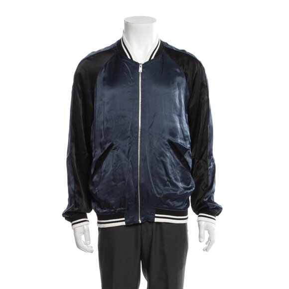 SANDRO Black & Blue Satin Bomber Jacket Large - Picture 1 of 8